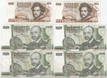 Ausztria 1984. 100Sch (4x) + 1986. 20Sch (2x) T:III folt, kis szakadás Austria 1984. 100 Schilling (4x) + 1986. 20 Schilling (2x) C:F spot, small tears Krause P#150, #148