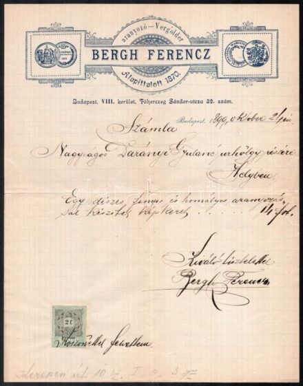 1899 Bp., Bergh Ferenc aranyozó fejléces számlája illetékbélyeggel