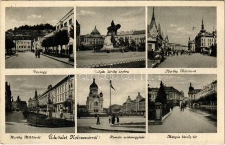 1940 Kolozsvár, Cluj; Várhegy, Mátyás király szobra, Horthy Miklós út, Román székesegyház, Országzászló, Mátyás király tér / statue, monument, street view, square, cathedral, Hungarian flag
