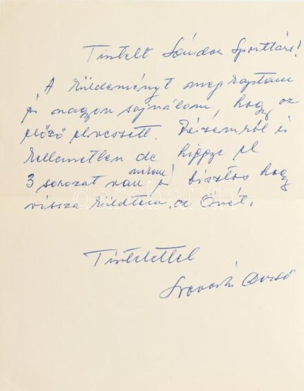 Novák Dezső (1939-2014) kétszeres olimpiai bajnok magyar labdarúgó autográf levele