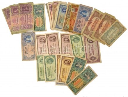 1930-1946. 20P - 1.000.000BP (47x), közte 1930. 100P (5x), 1944. 20P 'A Vöröshadsereg Parancsnoksága' + 100P 'A Vöröshadsereg Parancsnoksága' (2x) T:III,III- közte szakadás, folt, firka