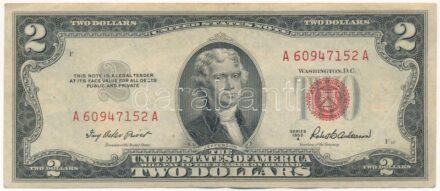 Amerikai Egyesült Államok 1957-1961 (1953A). 2$ piros pecséttel, 'Ivy Baker Priest - Robert B. Anderson' T:III USA 1957-1961 (1953A). 2 Dollars with red seal, 'Ivy Baker Priest - Robert B. Anderson' C:F Krause P#380