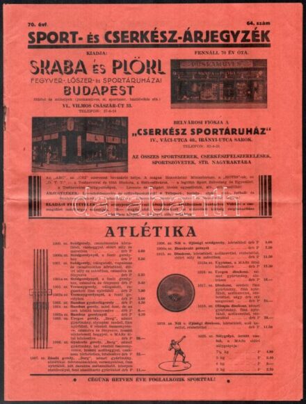 cca 1930 Skaba és Plökl fegyver-, lőszer- és sportáruházai Bp., sport- és cserkész árjegyzék. Bp., ifj. Kellner Ernő-ny., 16 p., fekete-fehér képekkel illusztrált, tűzött papírkötés, hajtva