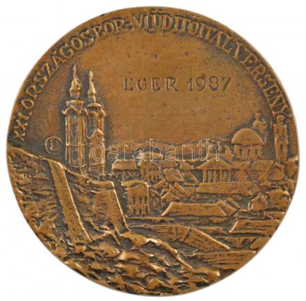 Léderer Tamás (1938-) 1987. 'XXI. Országos Bor- és VI. Üdítőital Verseny Eger 1987' Br emlékérem eredeti, de sérült tokban (84mm) T:2