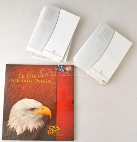 Amerikai Egyesült Államok 1999-2008. 1/4$ aranyozott Cu-Ni '50 Állam' (46xklf) tájékoztatókkal + nagyalakú karton berakóval, mely az Egyesült Államok térképét ábrázolja T:1-2 USA 1999-2008. 1/4 Dollar gilt Cu-Ni '50 States Quarters'