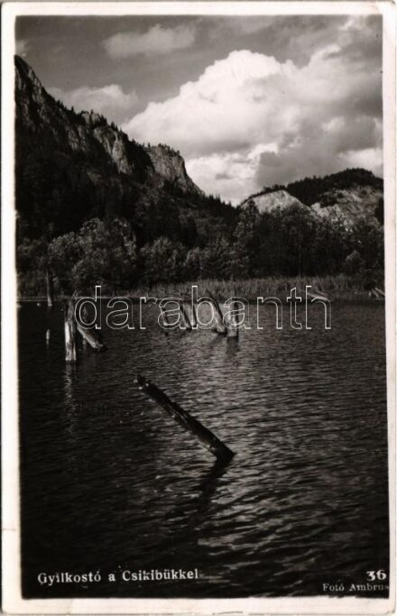 1941 Gyergyószentmiklós, Gheorgheni; Gyilkos-tó a Csíki-Bükkel / Lacul Rosu (Ghilcos) / lake. Foto Ambrus (EK)