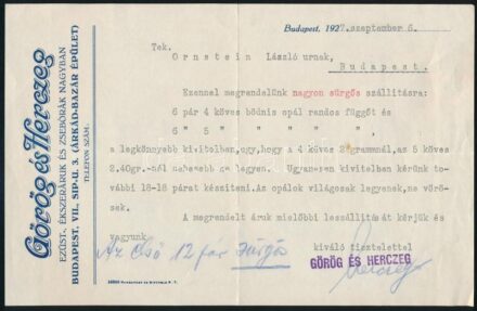 1927 Bp., Görög és Herczeg ezüst ékszerórák és zsebórák fejléces levélpapírjára írt levél