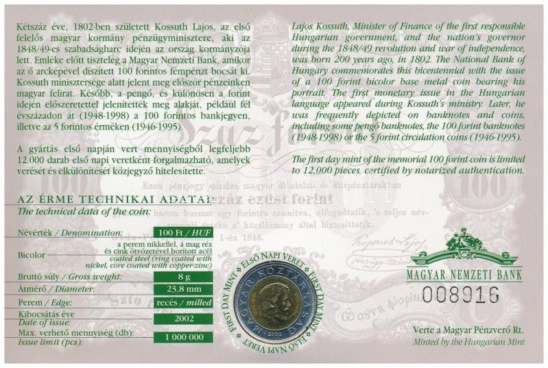 2002. 100Ft Ni-Cu-Zn 'Kossuth' elsőnapi veret sorszámozott '008916' díszlapon T:1 Adamo FOEM1 - Image 2