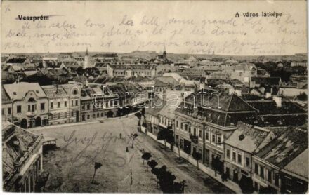 1913 Veszprém, látkép, Pósa Endre üzlete, távolban a zsinagóga (EK)
