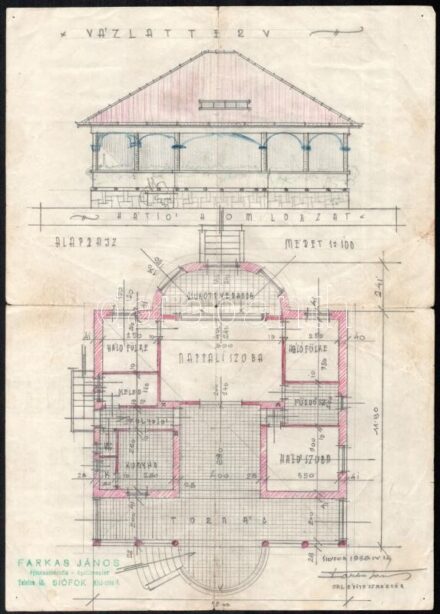 1938 Farkas János (1904-1978) siófoki építész villa vázlatterve, kézi rajz