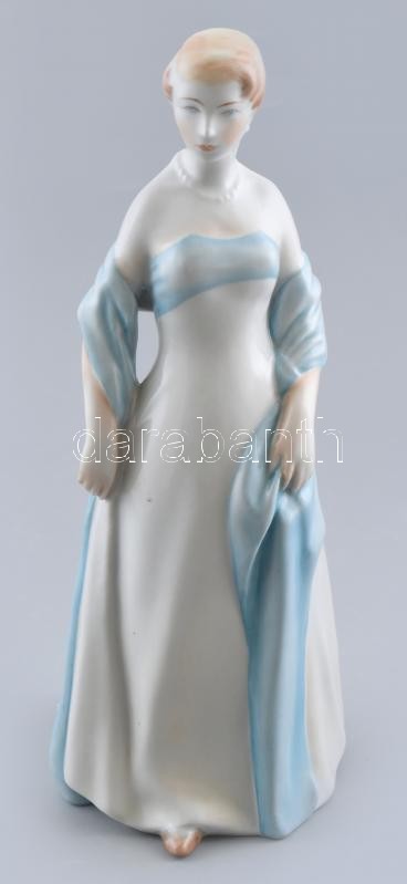 Zsolnay női figura, kézzel festett porcelán, jelzett, cca. 1960, kopásnyomokkal, m: 30 cm