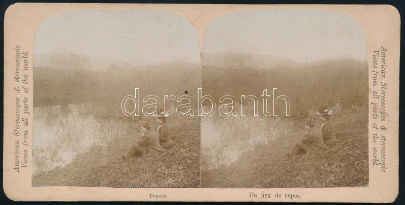 cca 1900 Sztereofotó: pár a tó partján. 18x9 cm