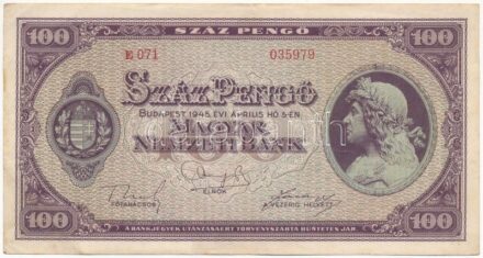1945. 100P 'E 071 035979' T:II-,III szép papír Adamo P18