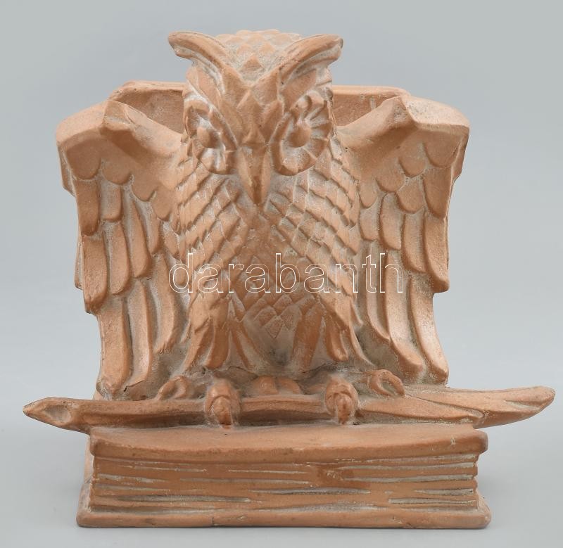 Erdős kerámia, Gyula: Bagoly. Figurális könyvtámasz, Kopásnyomokkal, etikettel jelzett, m: 20 cm