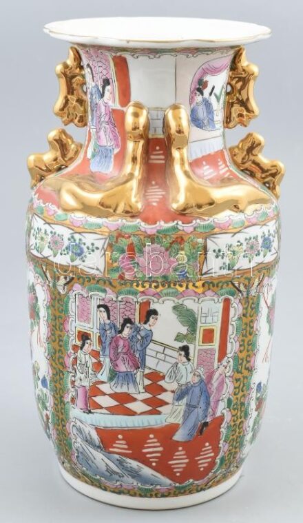 Kínai váza, kézzel festett porcelán, jelzett, kopott, m: 30 cm