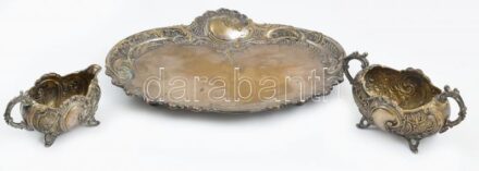 Cukortartó és tejszín kiöntő tálcával, alpakka, kopott, koronás monogrammal, 28x19x11cm