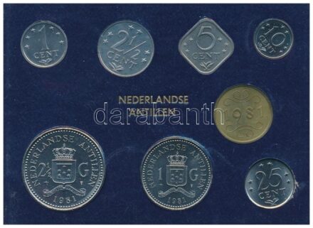 Holland Antillák 1981. 1c - 2 1/2G (7xklf) forgalmi sor + 'Rijks Munt' emlékérem dísztokban T:1- patina, kis karc Netherlands Antilles 1981. 1 Cent - 2 1/2 Gulden (7xdiff) coin set + 'Rijks Munt' commemorative medal in original case C:AU