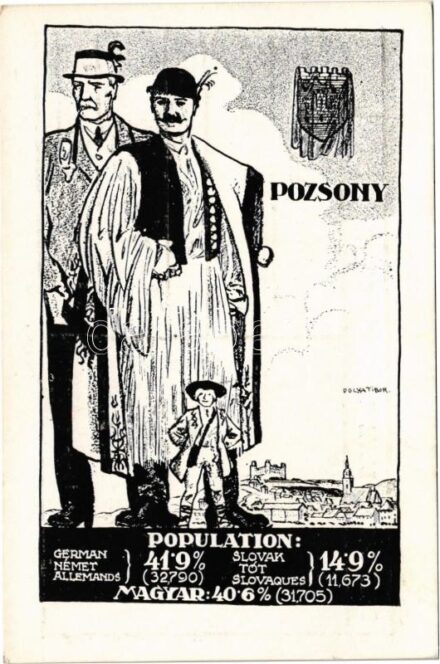 Pozsony, Pressburg, Bratislava; Magyar, tót és német nemzetiségek népesség aránya. Címer, Pátria rt. kiadása / Percentage of Hungarian, Slovakian and German population. Irredenta art postcad with coat of arms s: Pólya Tibor