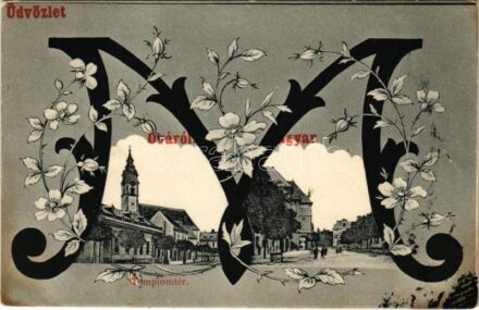 1909 Magyaróvár, Mosonmagyaróvár; Templom tér. Berecz Viktor kiadása. Iniciálés szecessziós művészlap / Art Nouveau, floral (EK)