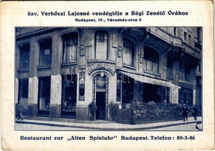 1934 Budapest V. Özv. Verbőczi Lajosné vendéglője a 'Régi Zenélő Órához', sörcsarnok. Városház utca 3. / Restaurant 'Zur Alten Spieluhr' (EK)