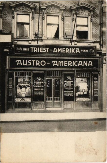 Budapest VII. Triest-Amerikai Austro-Americana vonal kivándorlási iroda. Thököly út 2. Sorger 4036. (fl)