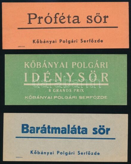 cca 1935 A Kőbányai Polgári Serfőzde háromféle sörének reklámcímkéje, szép állapotban