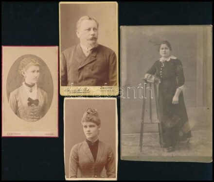 cca 1880-1910 4 db keményhátú fotó különböző műtermekből (A. H. Wittmann Komorn / Komárom, Letzter és Társa Szeged, Goszleth István Bp., Rozgonyi Dezső Bp.), 9,5x6 cm és 15,5x10,5 cm között