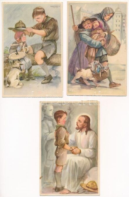 5 db RÉGI Márton L.-féle Cserkészlevelezőlapok Kiadóhivatal képeslap Márton L. szignóval / 5 pre-1945 Hungarian scout art postcards