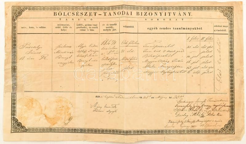 1848 Kassa akadémia bölcsészet tanodai oklevél 42x25 cm