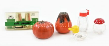 Vegyes sótartók, m: 4-7cm (üveg, fém, porcelán.