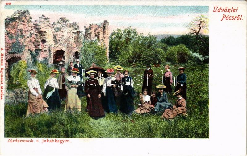 Pécs, Zárdaromok a Jakabhegyen, kirándulók csoportja. A Mecsek Egyesület kiadása