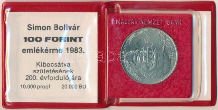 1983. 100Ft alpakka 'Simon Bolivár' műbőrtokban, tanúsítvánnyal T:BU kis patina, az érmét tartó műanyag eltört Adamo EM73
