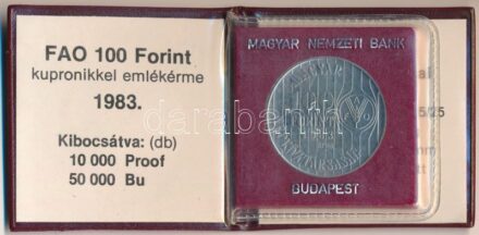 1983. 100Ft Cu-Ni 'FAO - Több gabonát a világnak' bordó műbőr tokban, tanúsítvánnyal T:BU patina Adamo EM72