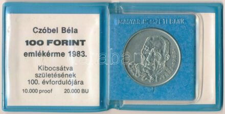 1983. 100Ft alpakka 'Czóbel Béla' eredeti tokban, tanúsítvánnyal T:BU ujjlenyomat, kis patina, az érmét tartó tok törött Adamo EM75