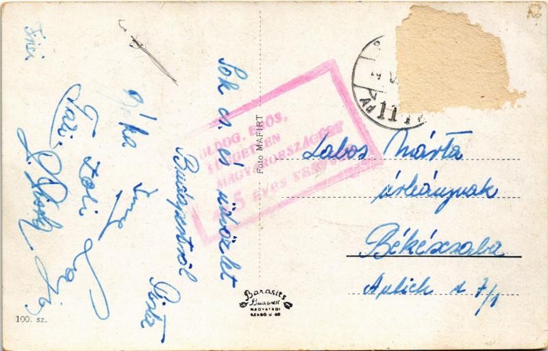 1949 Budapest, az újjáépített Margit híd, villamos, autóbusz, automobilok + 'Boldog, erős, független Magyarországért az 5 éves tervvel' (Rb) - Image 2