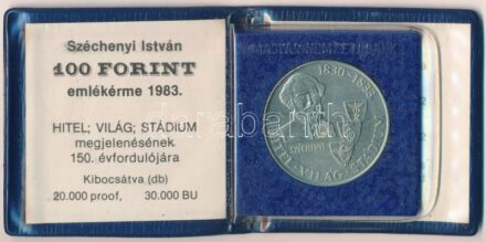 1983. 100Ft alpakka 'Széchenyi István' tokban, tanúsítvánnyal T:BU kis patina, az érmét tartó műanyag lapka eltört Adamo EM75