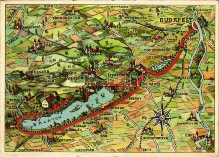 Balaton. Térkép útvonallal Budapestről (Klösz) s: M. Coreth