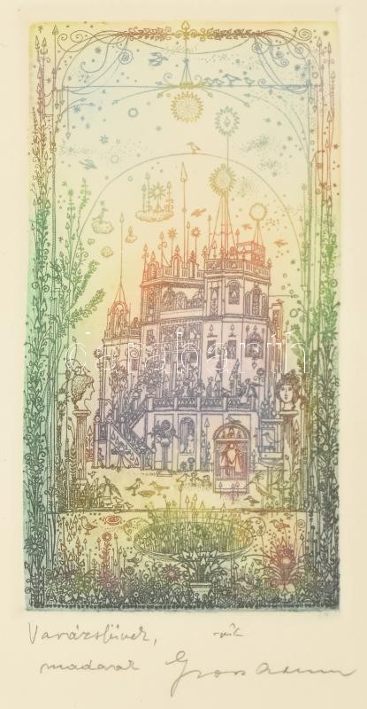 Gross Arnold (1929-2015): Varázsfüvek, madarak. Színes rézkarc, papír. Jelzett. 12x7 cm. Üvegezett fém keretben.