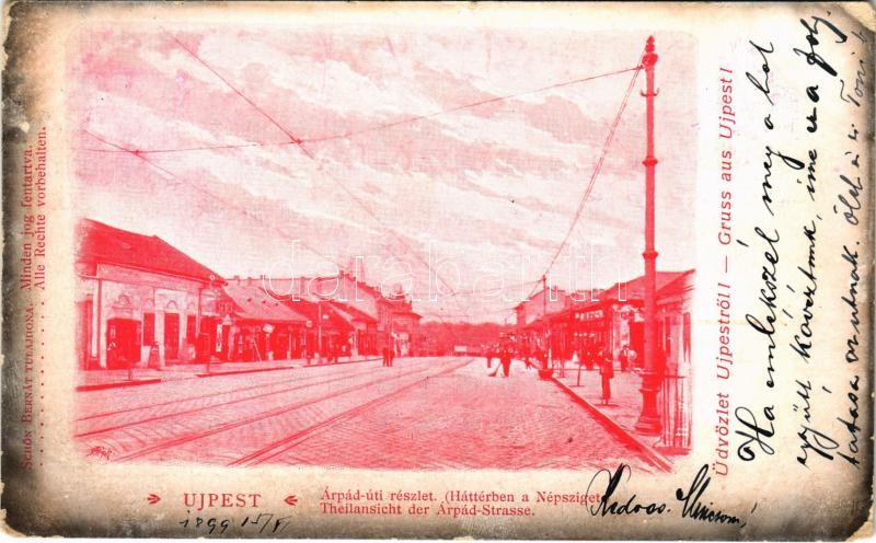 1899 (Vorläufer) Budapest IV. Újpest, Árpád úti részlet, háttérben a Népsziget. Schön Bernát kiadása (kopott sarkak / worn corners)