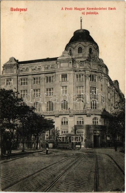 1910 Budapest V. Pesti Magyar Kereskedelmi Bank új palotája, villamos