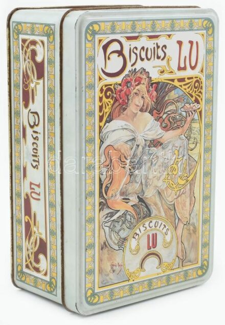 Alphonse Maria Mucha (1860 - 1939) képével díszített, kekszes, pléh doboz, kopásnyomokkal, 20x13x7,5cm