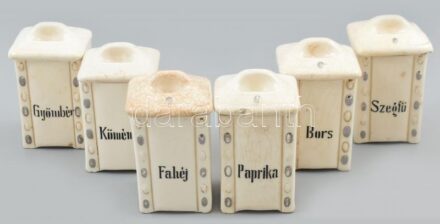 6db fajansz, szecessziós fűszertartó, sérülésekkel, jelzés nélkül, m: 10 cm (fahéj, paprika, bors, kömény, szegfű, gyömbér)