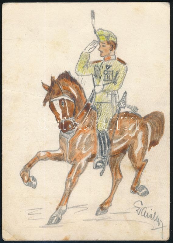 Laicha Jenő (?-? ): Huszár lovon. Vegyes technika, papír.Jelzett 15X10,5cm