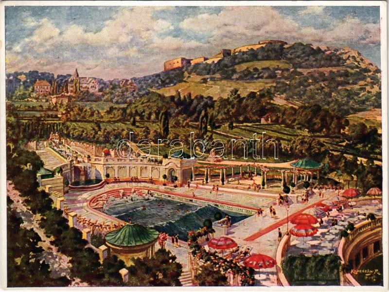 Budapest XI. Szent Gellért gyógyfürdő hullámfürdője, Gellérthegy keleti oldala. Hornyánszky Viktor rt. kiadása s: Raoul Kopeczky (fl)