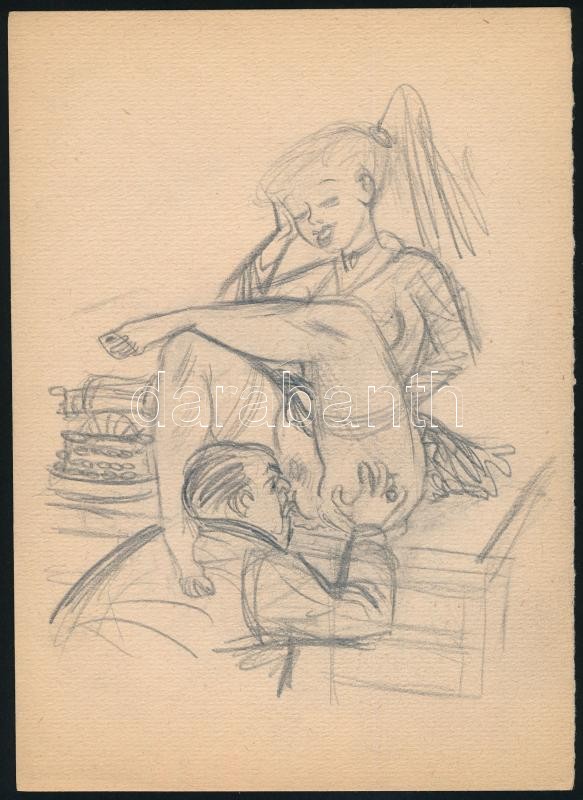 Jelzés nélkül: Erotikus jelenet. Ceruza, papír. 15x22cm