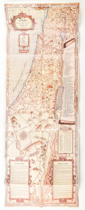 1986 Izrael turisztikai térképe, hátoldalán Jeruzsálem, Tel-Aviv és Haifa városok térképeivel, 93,5x33 cm / Touring map of Israel, with maps of Jerusalem, Tel-Aviv, Haifa, 93.5x33 cm