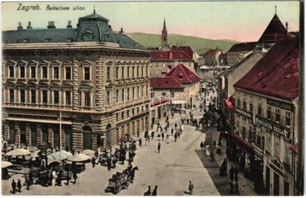 Zagreb, Zágráb; Bakaceva ulica, Josip B. Deutsch, S. Wasserthal, Kaptolska Ljekarna, Krojacka skola, Knjigotiskara / street, shops, market / Piac tér és üzletek