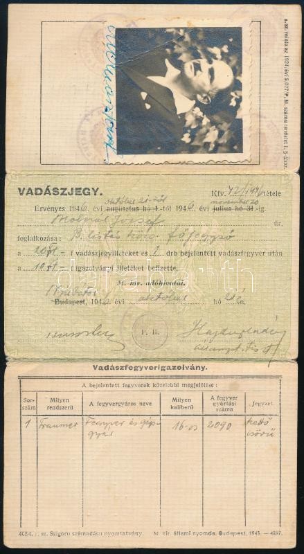 1942 Fényképes vadászjegy, vadászfegyver-igazolvány