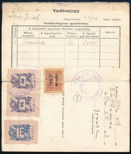 1947 Vadászjegy, vadászfegyver-igazolvány illetékbélyegekkel