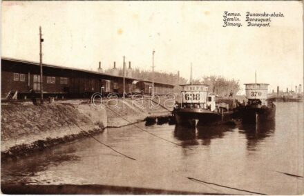 Zimony, Semlin, Zemun; Dunapart, teherszállító vagonok, iparvasút / Dunavska obala / Danube, industrial railway with trains